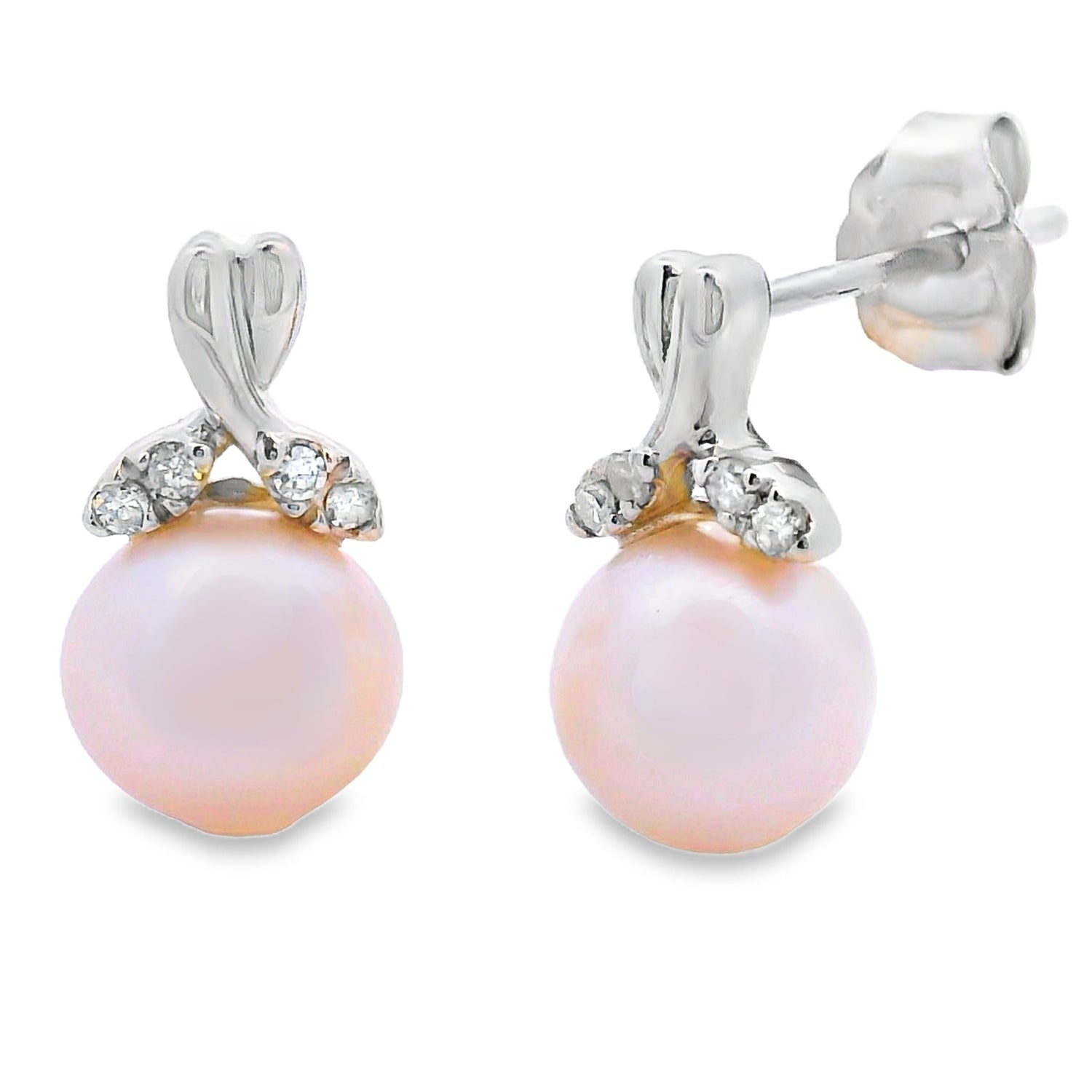 Natural .05ct FW Pearl Diamond Earrings 10KT White Gold by Bids.com