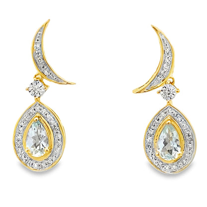 Aquamarine Diamond Dangle Earrings 10KT Yellow Gold by Bids.com