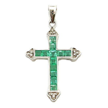 Emerald Diamond Cross Religious Pendant 10KT White Gold by Bids.com