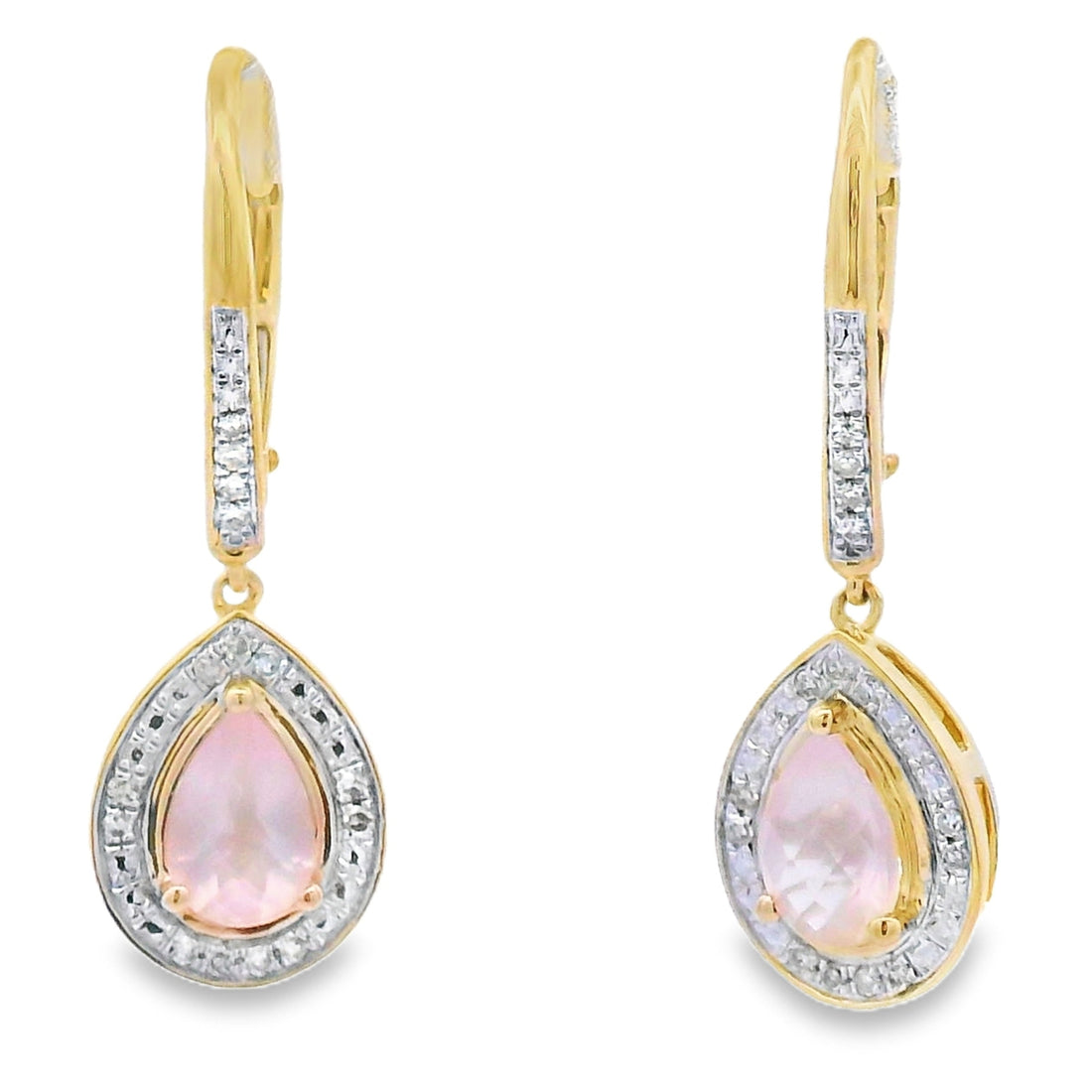 Rose Quartz Diamond Dangle Earrings 10KT Yellow Gold by Bids.com