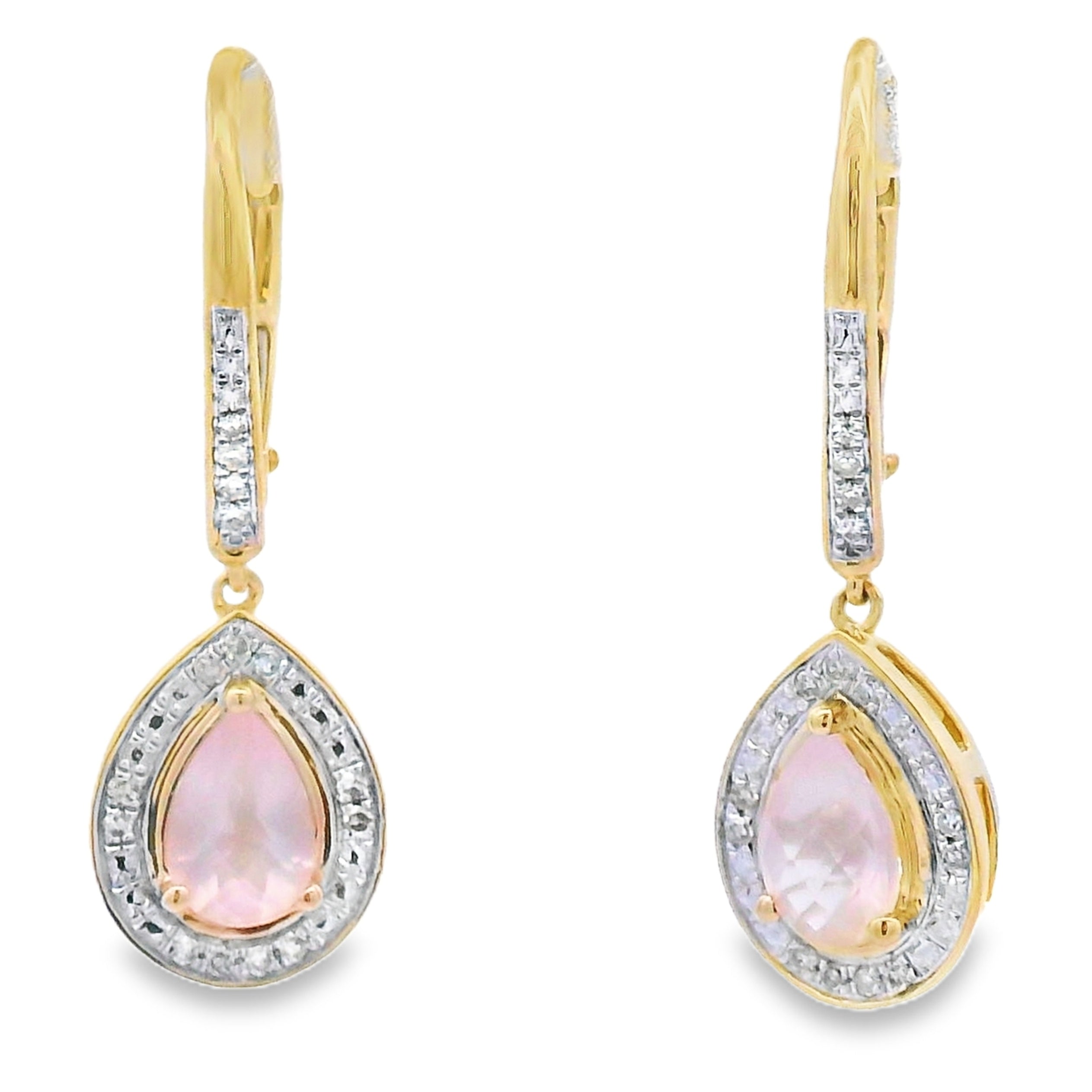 Rose Quartz Diamond Dangle Earrings 10KT Yellow Gold by Bids.com