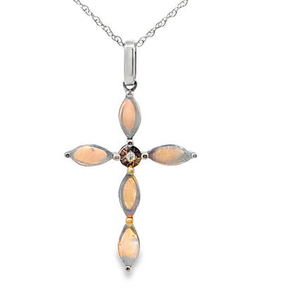 Opal Diamond Cross Religious Pendant 10KT White Gold by Bids.com