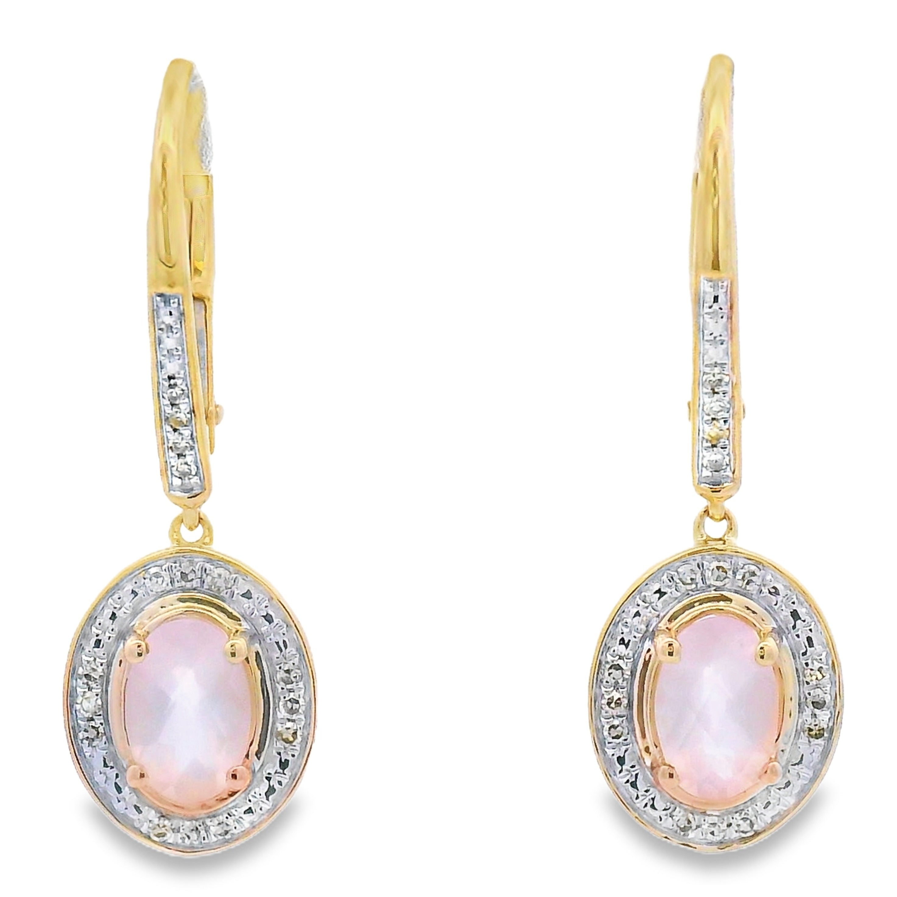 Rose Quartz Diamond Dangle Earrings 10KT Yellow Gold by Bids.com