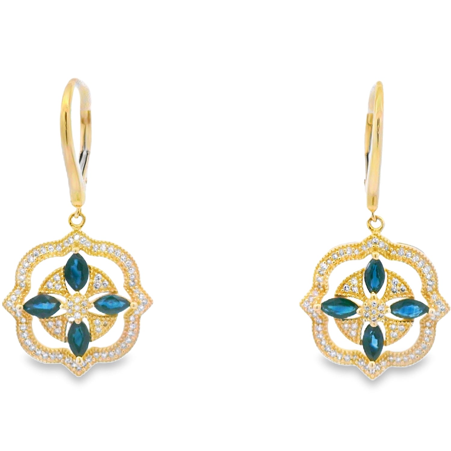 Sapphire Diamond Dangle Earrings 14KT Yellow Gold