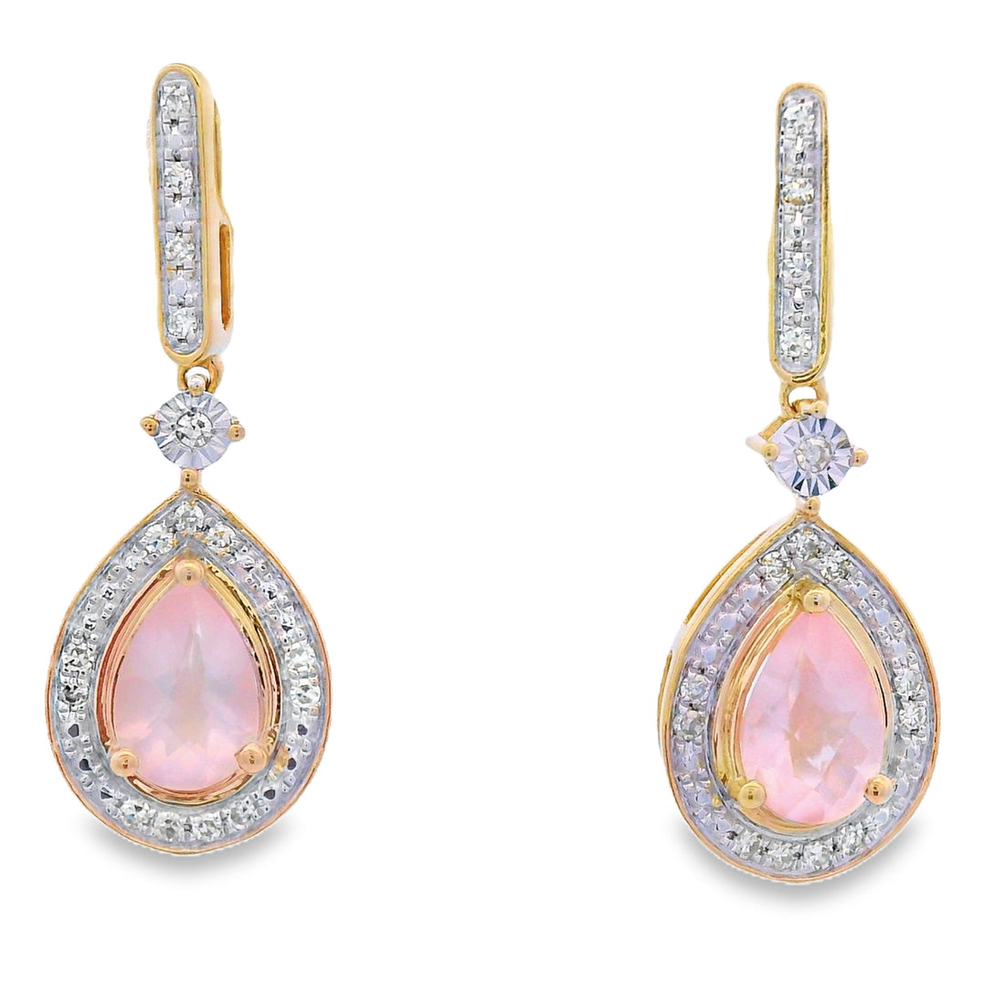Rose Quartz Diamond Dangle Earrings 10KT Yellow Gold by Bids.com