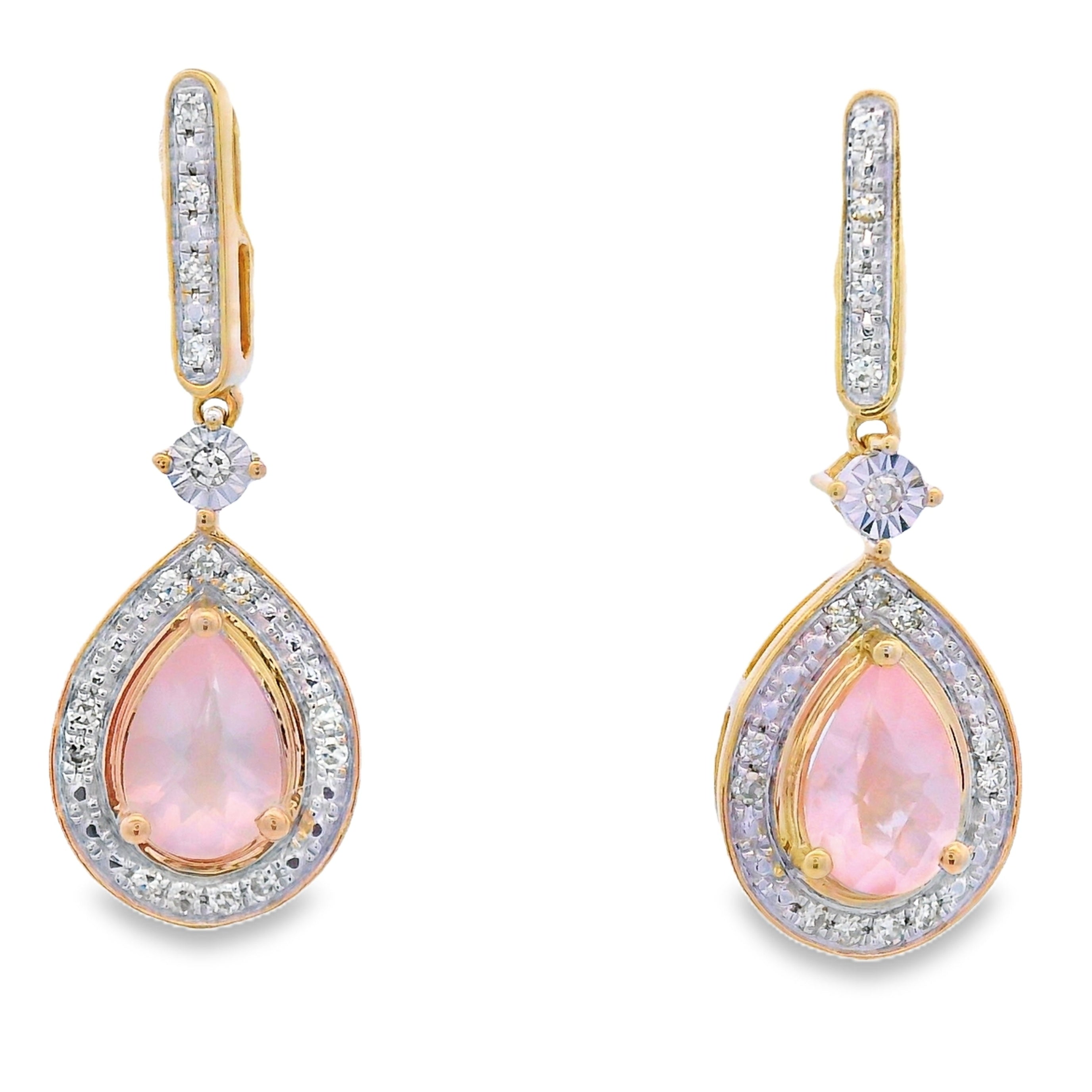 Rose Quartz Diamond Dangle Earrings 10KT Yellow Gold by Bids.com
