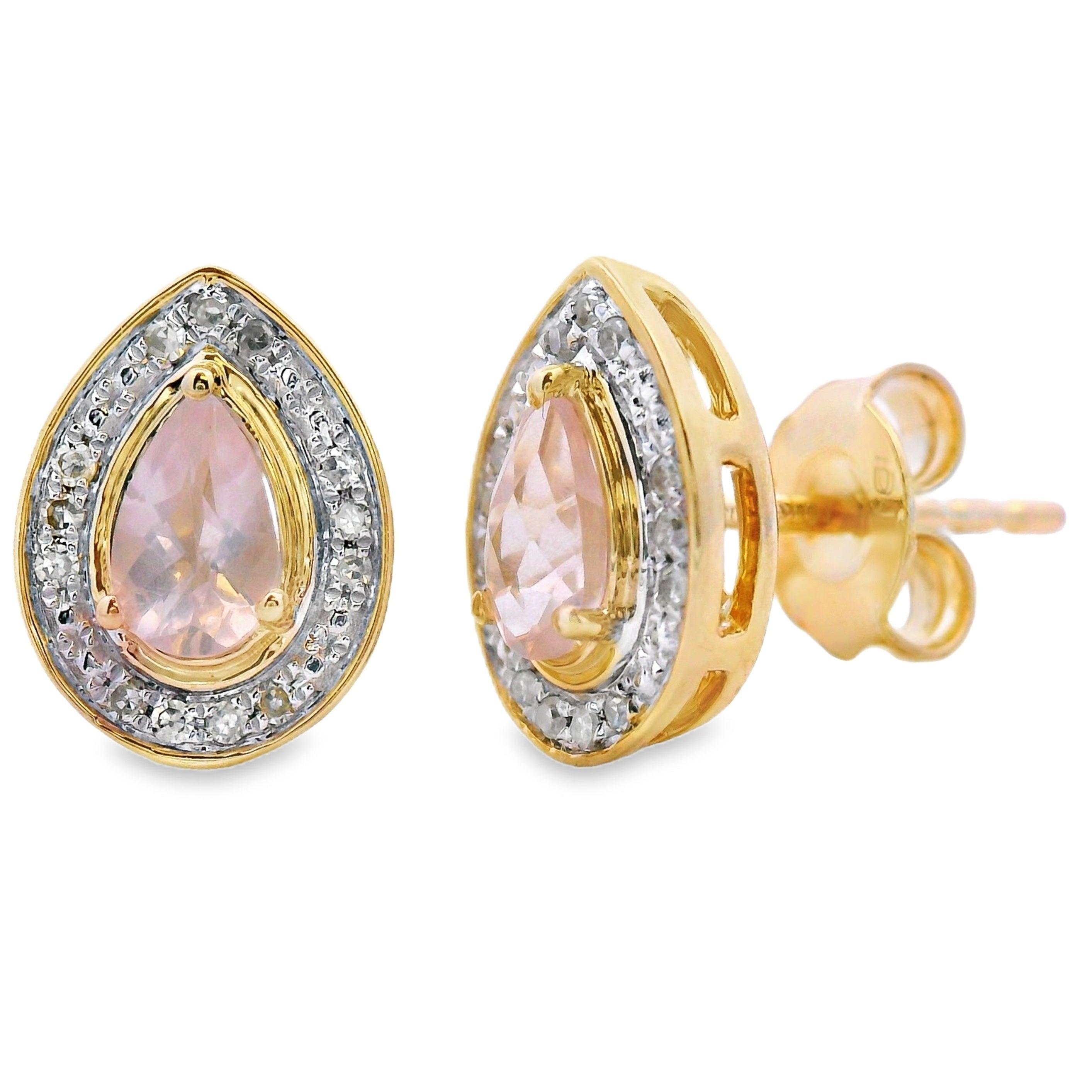 Rose Quartz Diamond Stud Earrings 10KT Yellow Gold by Bids.com