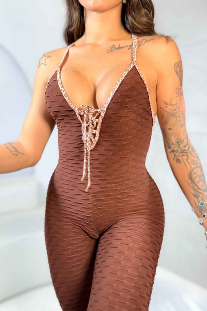 BROWN AND ROSE DETAIL JUMPSUIT