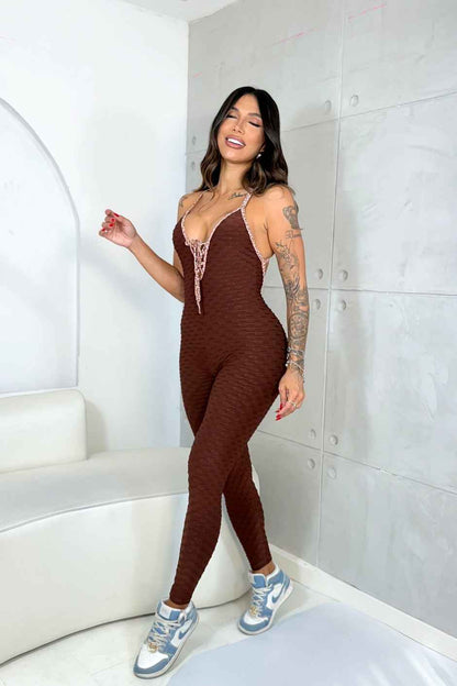 BROWN AND ROSE DETAIL JUMPSUIT