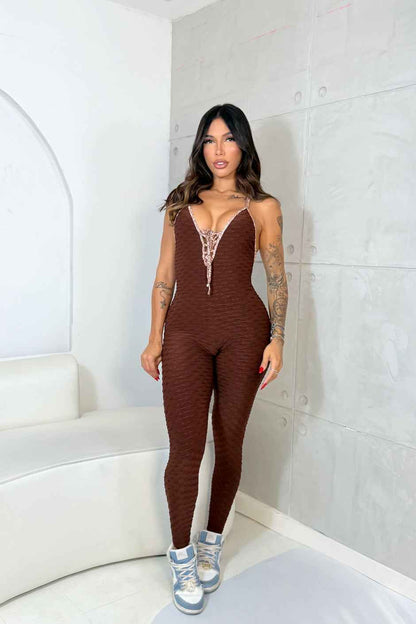 BROWN AND ROSE DETAIL JUMPSUIT