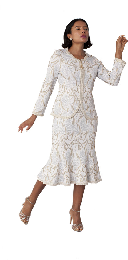 Ivory/Gold Floral Embroidered 2-Piece Dress Suit w/ Scalloped Trim – 7317 by Tally Taylor