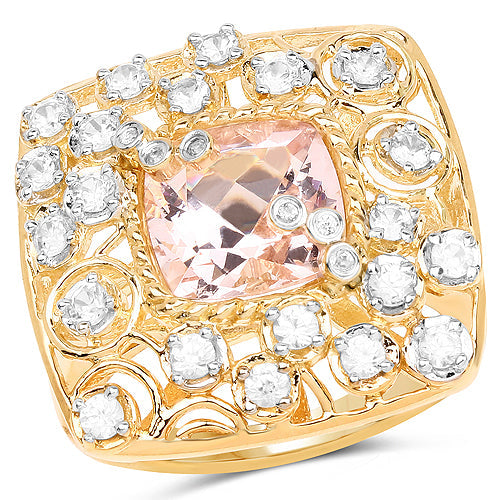 14K Yellow Gold Plated 3.33 Carat Synthartic Morganite and White Topaz .925 Sterling Silver Ring by Bids.com