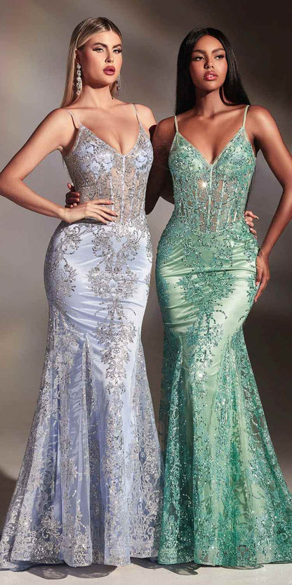 Cinderella Divine J810 Long Fitted Mermaid Gown Metallic Embroidered Lace - DestGlow