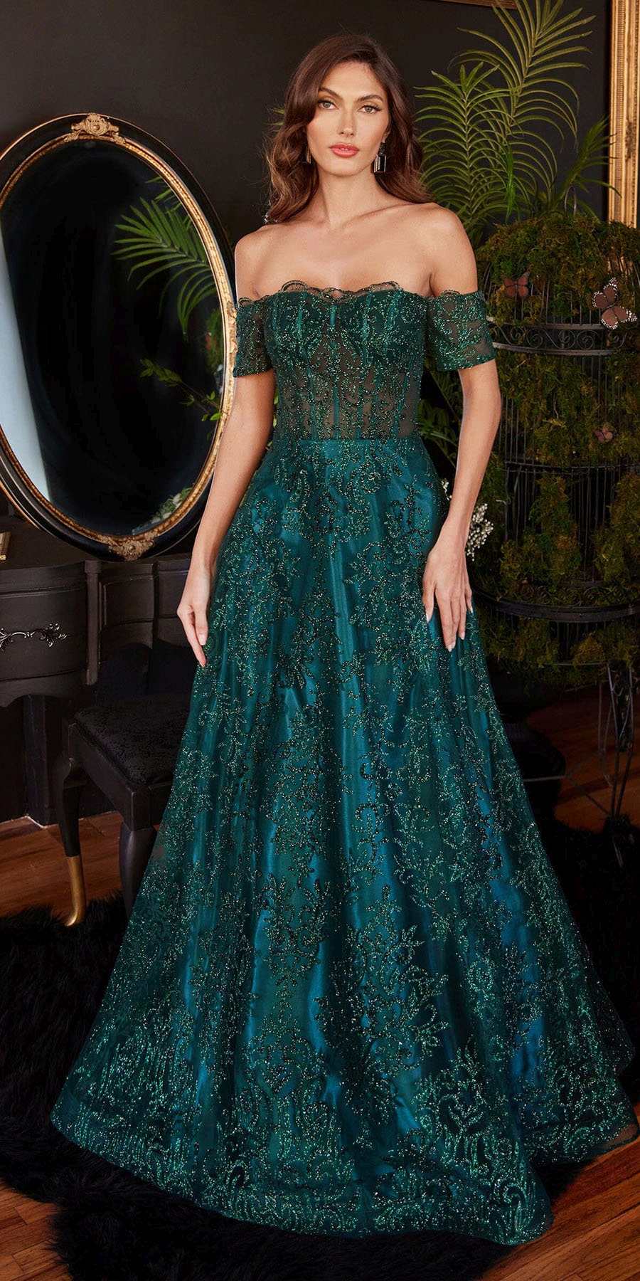 Ladivine J835 Floor Length Off the Shoulder A-line Glitter Print Gown by DiscountDressShop
