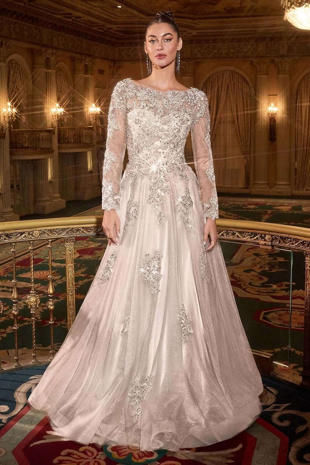 Ladivine J883W Wedding A-Line Ball Gown Long Sleeves Lace Applique by DiscountDressShop