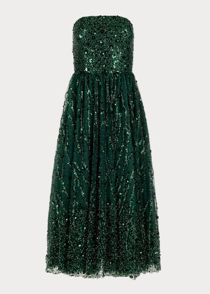 Elphie Strapless Sequin Corset Midi Dress - Green by JessaKae