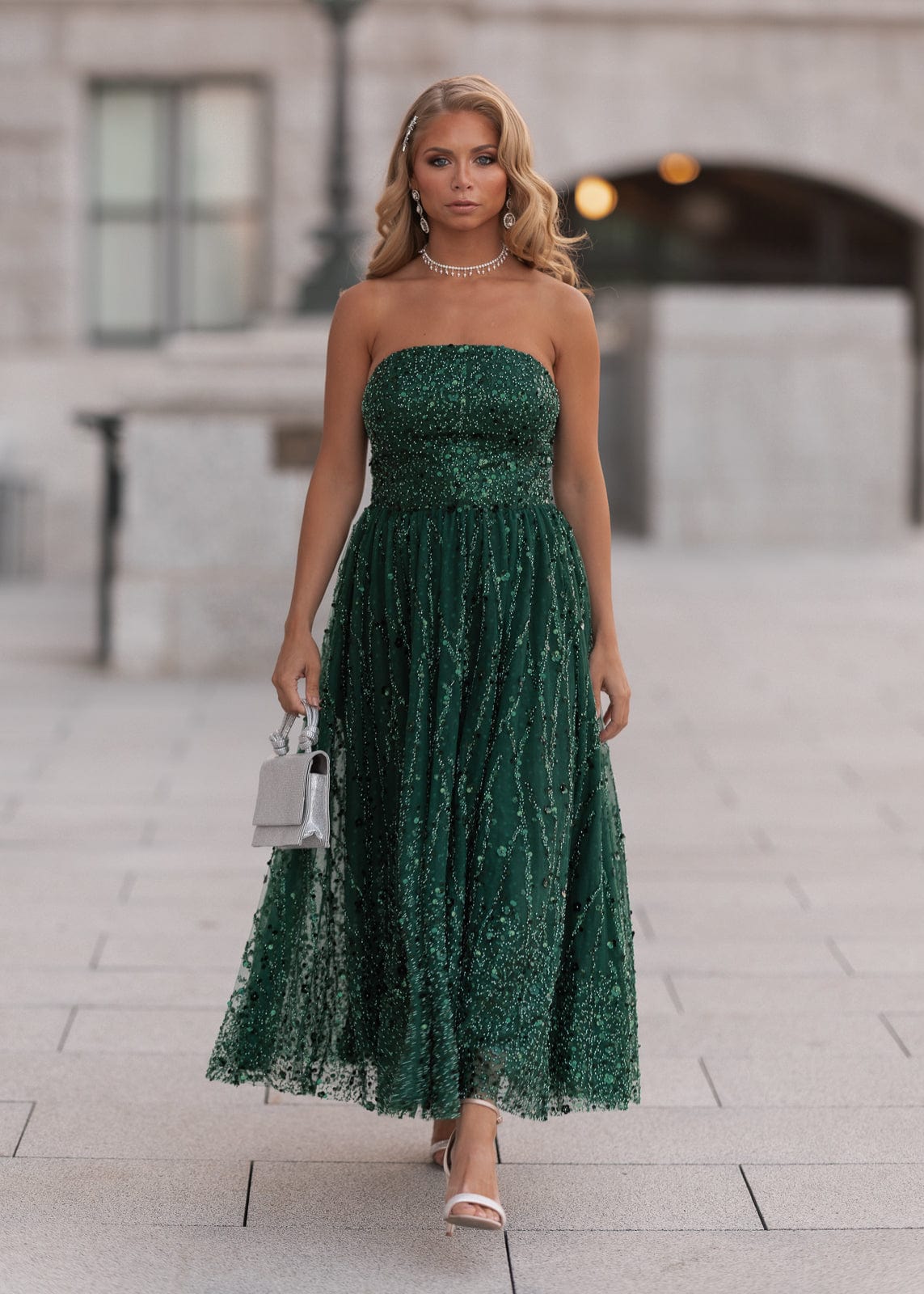 Elphie Strapless Sequin Corset Midi Dress - Green by JessaKae
