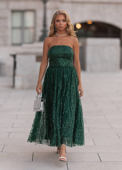 Elphie Strapless Sequin Corset Midi Dress - Green by JessaKae