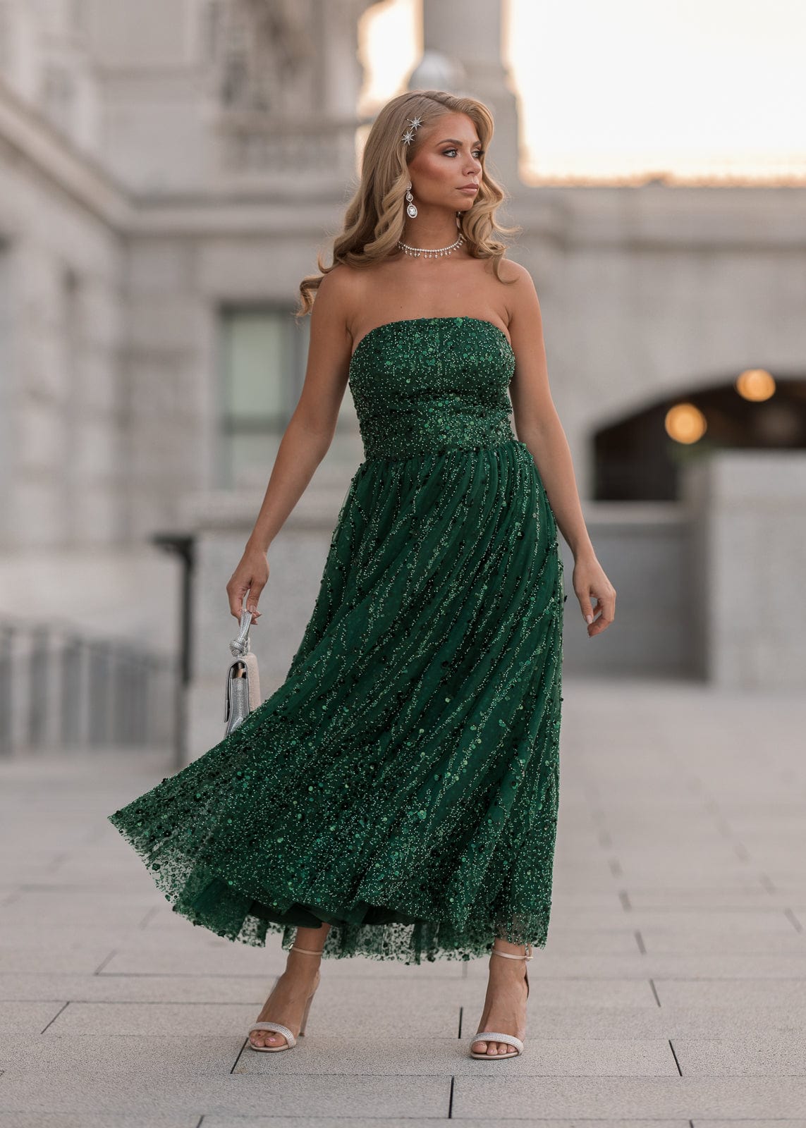 Elphie Strapless Sequin Corset Midi Dress - Green by JessaKae