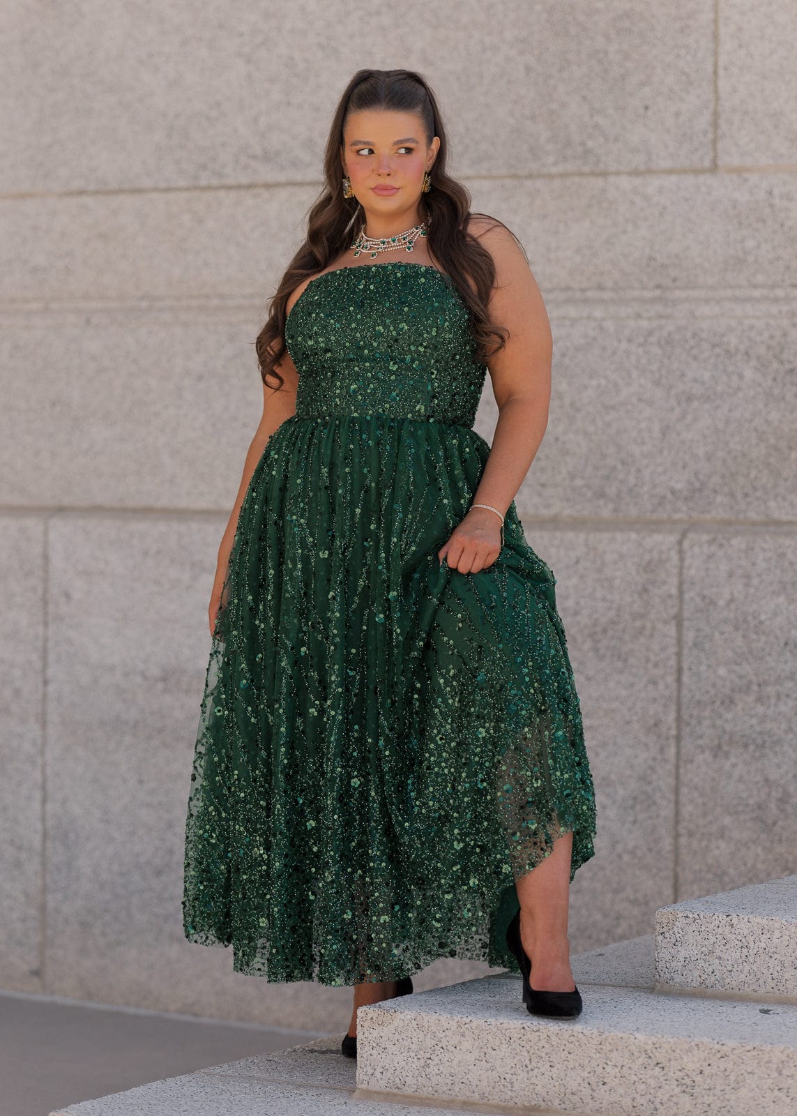 Elphie Strapless Sequin Corset Midi Dress - Green by JessaKae