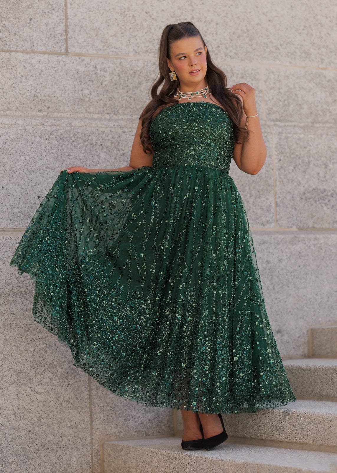 Elphie Strapless Sequin Corset Midi Dress - Green by JessaKae