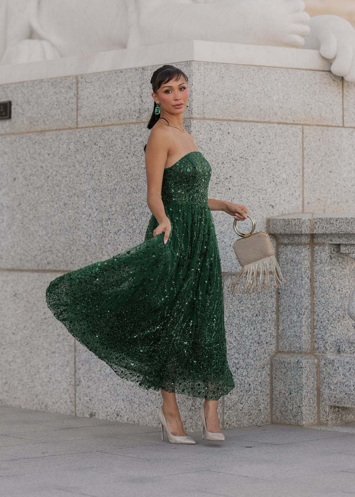 Elphie Strapless Sequin Corset Midi Dress - Green by JessaKae
