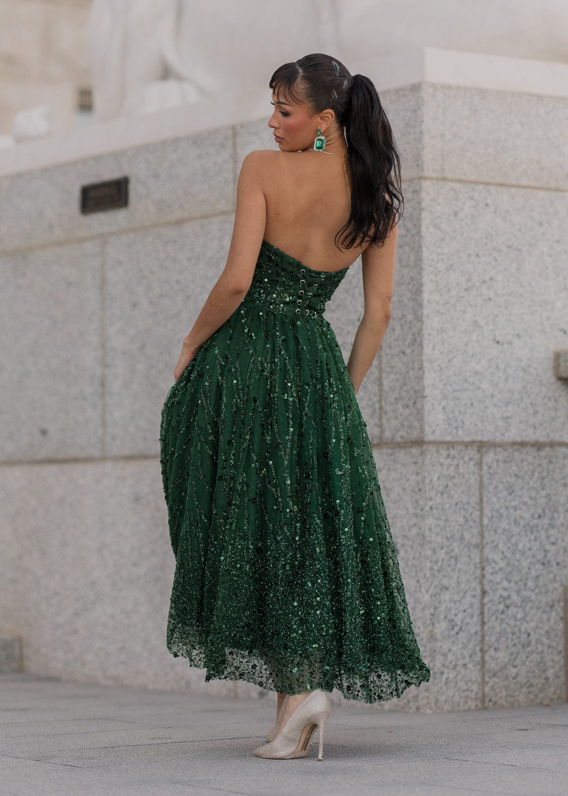 Elphie Strapless Sequin Corset Midi Dress - Green by JessaKae
