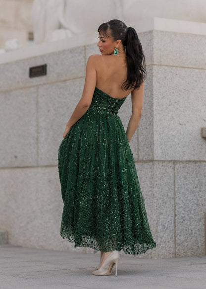 Elphie Strapless Sequin Corset Midi Dress - Green by JessaKae