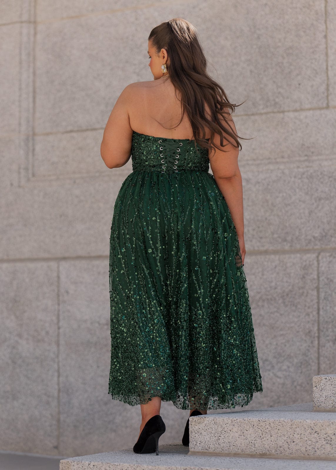 Elphie Strapless Sequin Corset Midi Dress - Green by JessaKae