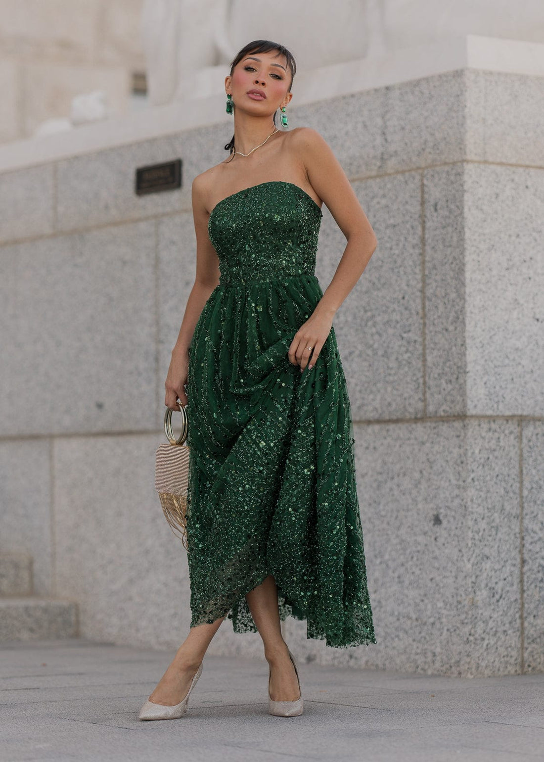 Elphie Strapless Sequin Corset Midi Dress - Green by JessaKae