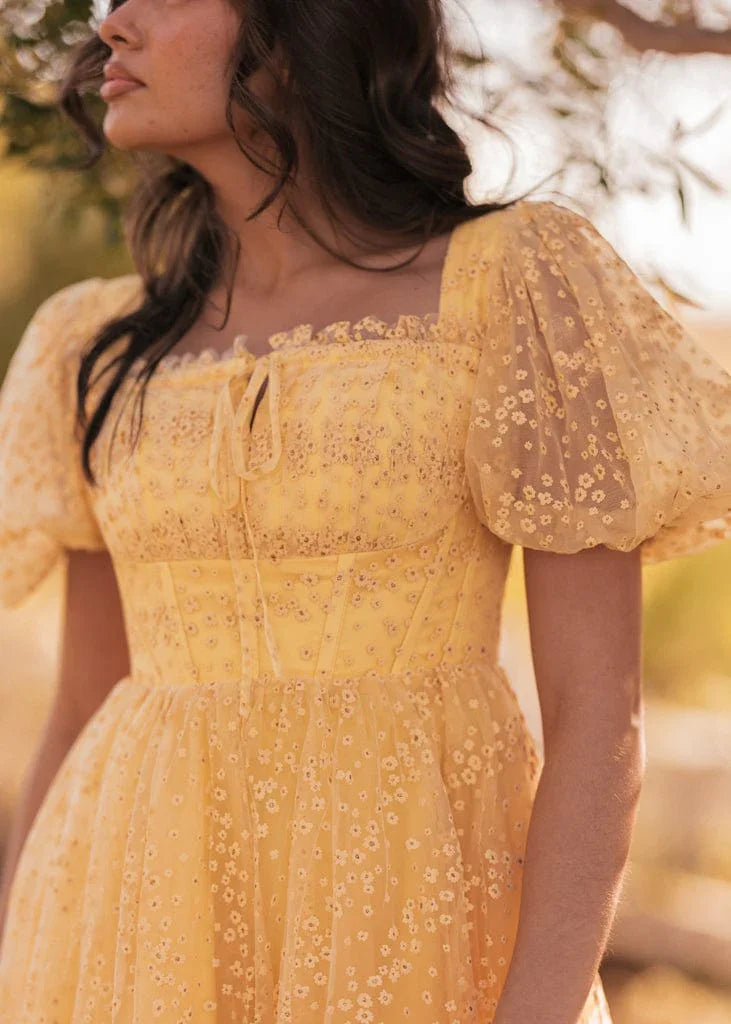 Everbloom Puff Sleeve Midi Dress in Yellow by JessaKae