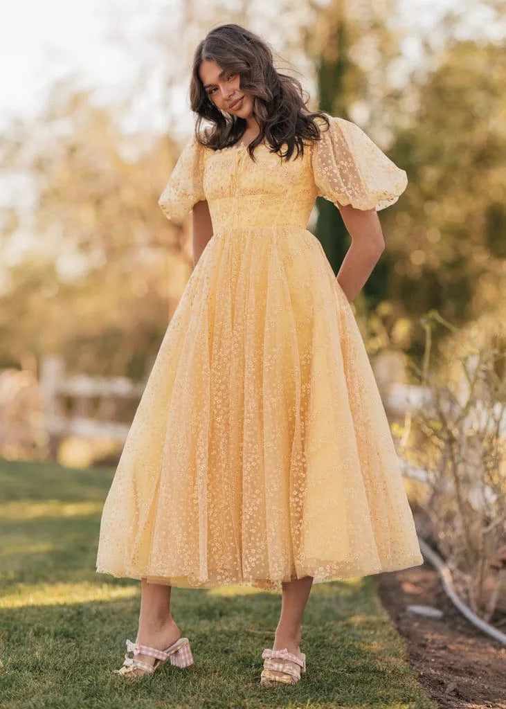 Everbloom Puff Sleeve Midi Dress in Yellow by JessaKae
