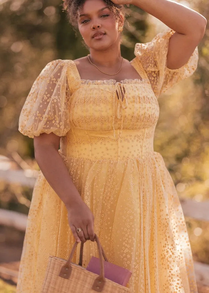 Everbloom Puff Sleeve Midi Dress in Yellow by JessaKae