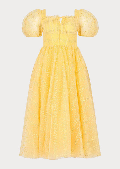 Everbloom Puff Sleeve Midi Dress in Yellow by JessaKae