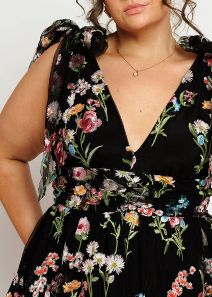 Margaret Floral Embroidered Midi Dress Black by JessaKae