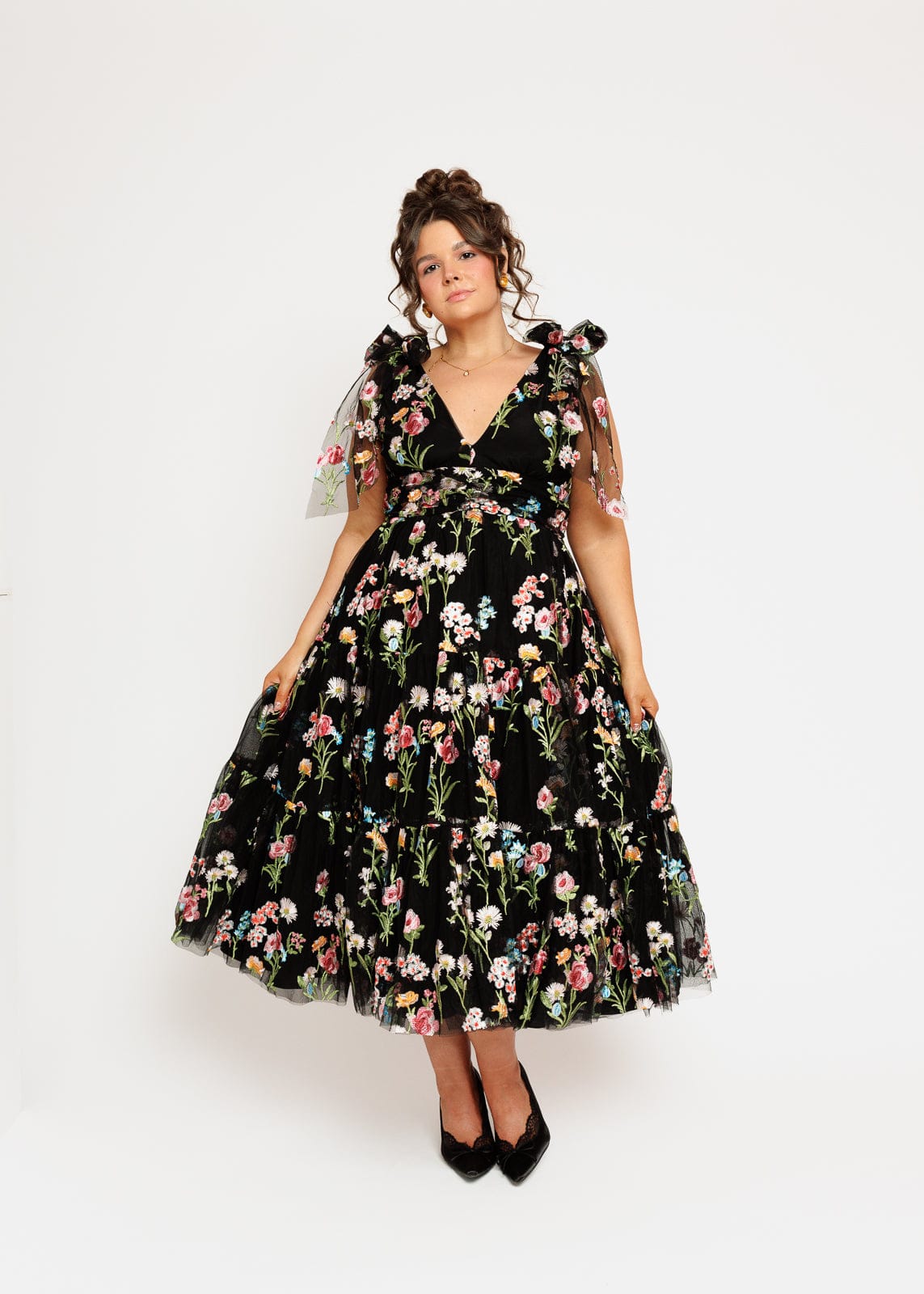 Margaret Floral Embroidered Midi Dress Black by JessaKae