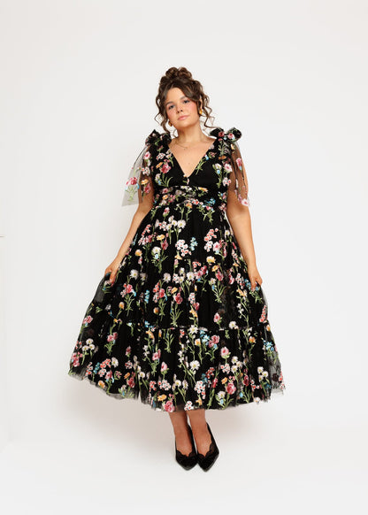 Margaret Floral Embroidered Midi Dress Black by JessaKae
