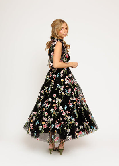 Margaret Floral Embroidered Midi Dress Black by JessaKae