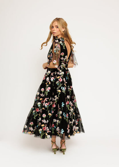 Margaret Floral Embroidered Midi Dress Black by JessaKae
