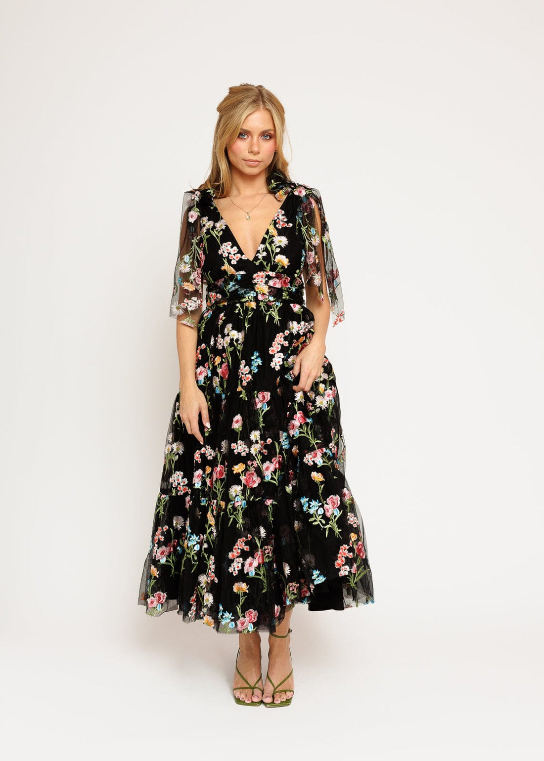 Margaret Floral Embroidered Midi Dress Black by JessaKae