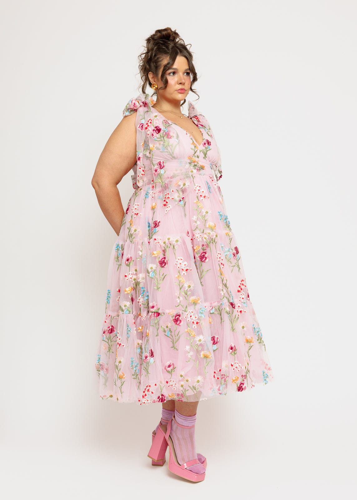 Margaret Floral Embroidered Midi Dress Pink by JessaKae