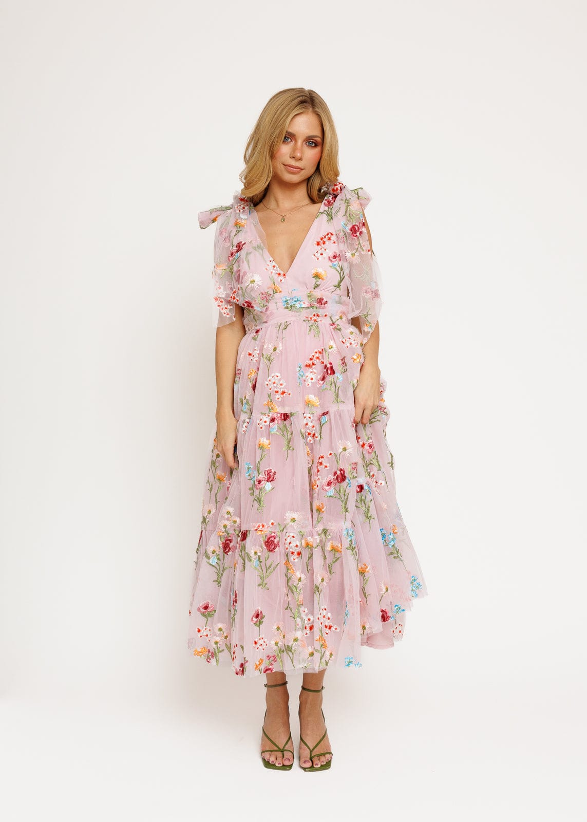 Margaret Floral Embroidered Midi Dress Pink by JessaKae