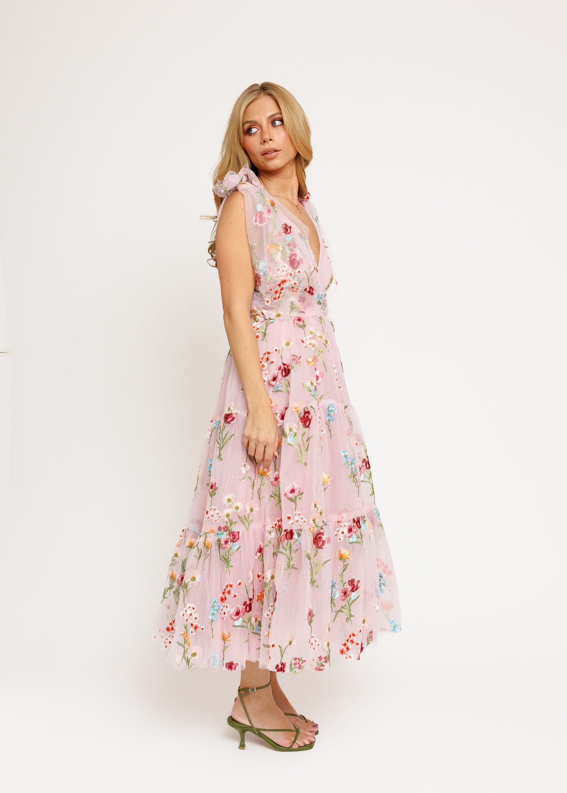Margaret Floral Embroidered Midi Dress Pink by JessaKae