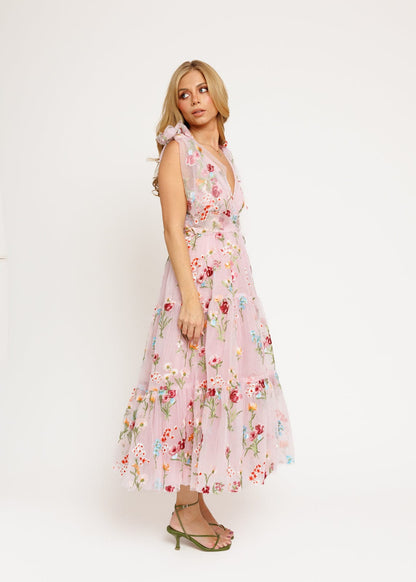 Margaret Floral Embroidered Midi Dress Pink by JessaKae