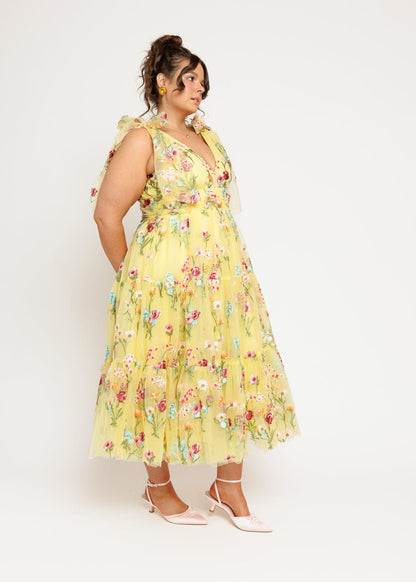 Margaret Floral Embroidered Midi Dress Yellow by JessaKae
