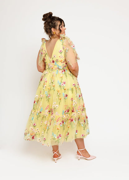 Margaret Floral Embroidered Midi Dress Yellow by JessaKae