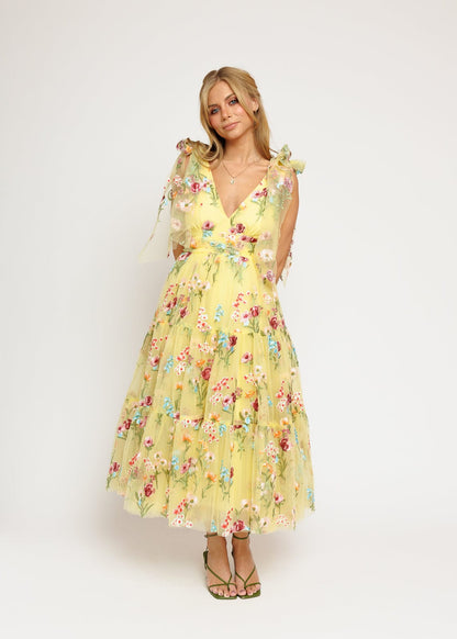 Margaret Floral Embroidered Midi Dress Yellow by JessaKae