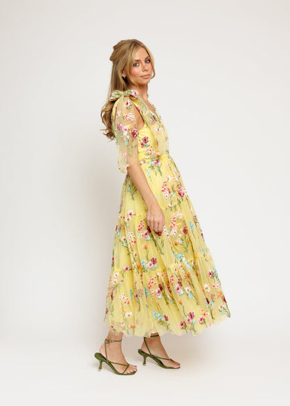 Margaret Floral Embroidered Midi Dress Yellow by JessaKae