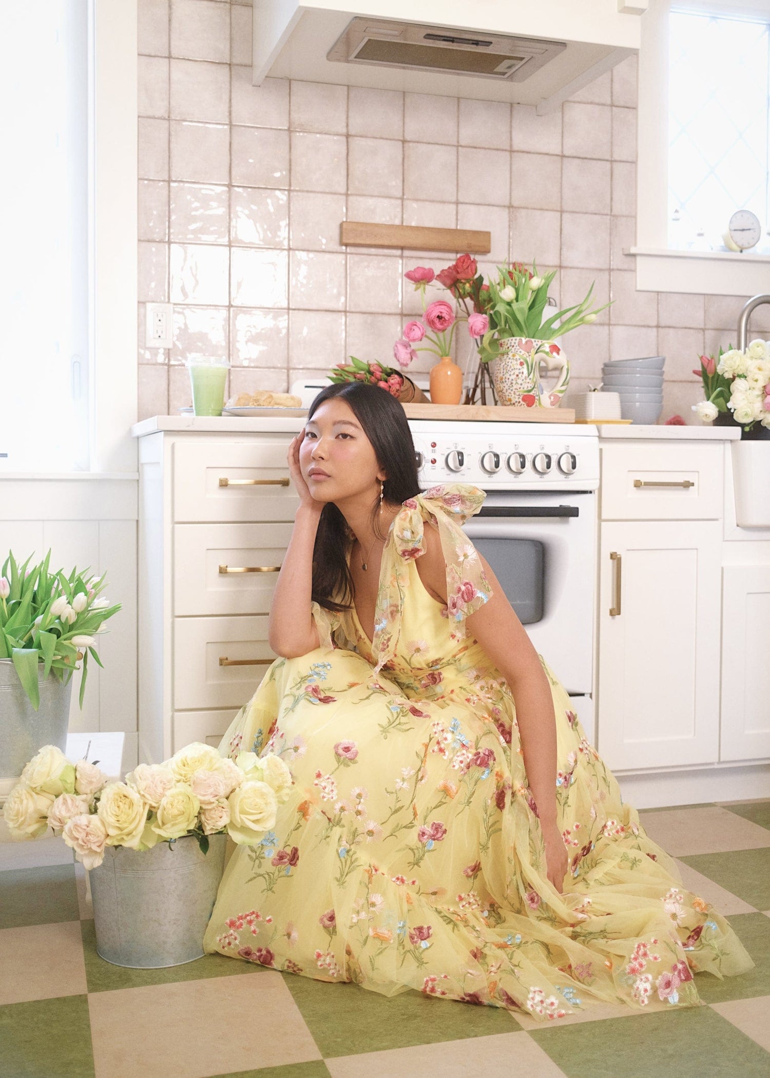 Margaret Floral Embroidered Midi Dress Yellow by JessaKae