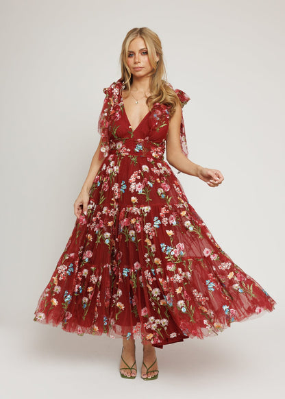 Margaret Floral Midi Dress Red by JessaKae